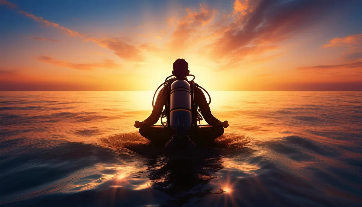 A diver in full kit sits cross-legged on still water at sunrise, silhouetted against an orange sky.